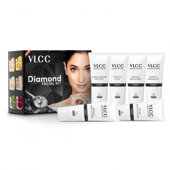 VLCC Diamond Facial Kit - 60g | Skin purifying with Parlour Glow | Improves Skin Elasticity, Brightens and Lightens Patchy Damaged Skin | With Colloidal Diamond, Jojoba Oil, Olive Oil & Aloe Vera.