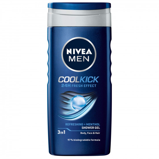 NIVEA MEN Cool Kick 250ml Body Wash| Shower Gel for Face, Body & Hair| Refreshing Icy MENthol|24 H Freshness |For All Skin & Hair Types