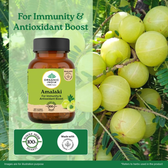 A TATA Product - Organic India Amalaki - 60 Veg Capsules, Natural Vitamin C & Antioxidants, Boosts Immune Response, Detoxify & Rejuvenate Digestive System, Reduce Acidity, GMP & NPOP Certified Organic
