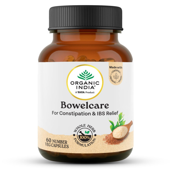 A TATA Product - Organic India Bowelcare - 60 Veg Capsules, Helps Relieve Constipation, Hyperacidity & IBS, Clean & Lubricate Bowel, Normalizes Digestion & Elimination, GMP & NPOP Certified Organic