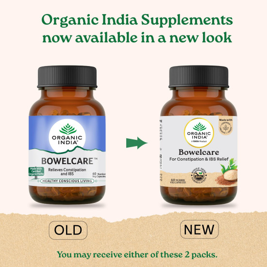 A TATA Product - Organic India Bowelcare - 60 Veg Capsules, Helps Relieve Constipation, Hyperacidity & IBS, Clean & Lubricate Bowel, Normalizes Digestion & Elimination, GMP & NPOP Certified Organic