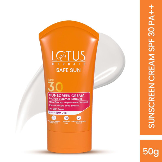 Lotus Herbals Safe Sun Sunscreen Cream - Indian Summer Formula |Black Plum Extract| SPF 30 and PA++ | Non-Greasy | For Oily, Combination, Acne Prone & Normal Skin 100g 