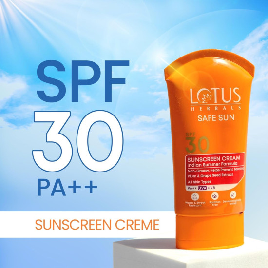 Lotus Herbals Safe Sun Sunscreen Cream - Indian Summer Formula |Black Plum Extract| SPF 30 and PA++ | Non-Greasy | For Oily, Combination, Acne Prone & Normal Skin 100g 
