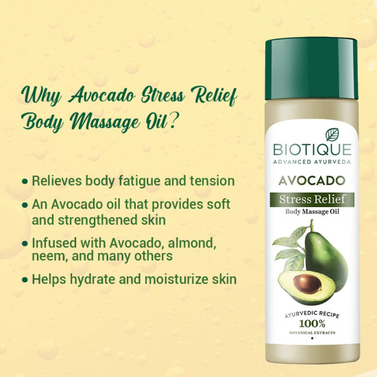 Biotique Cado Stress Relief Avocado Stress Relief Body Massage Oil | Heals and Hydrates dry skin | 100% Botanical Extracts | Suitable for All Skin Types | 200ml