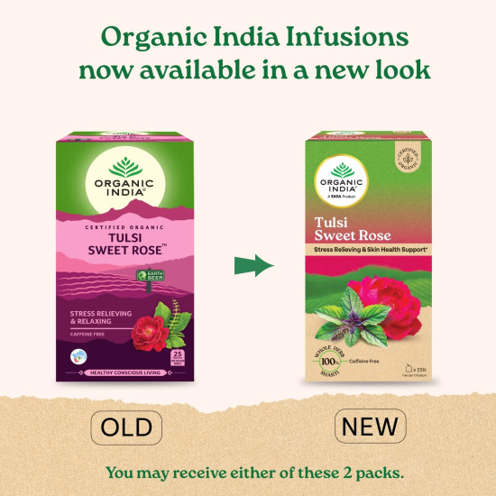 A TATA Product - Organic India Tulsi Sweet Rose - 25 Tea Bags, Stress Relieving, Supports Radiant Skin, Rich in Antioxidants, Made with Tulsi, Chamomile, and Rose Certified Organic