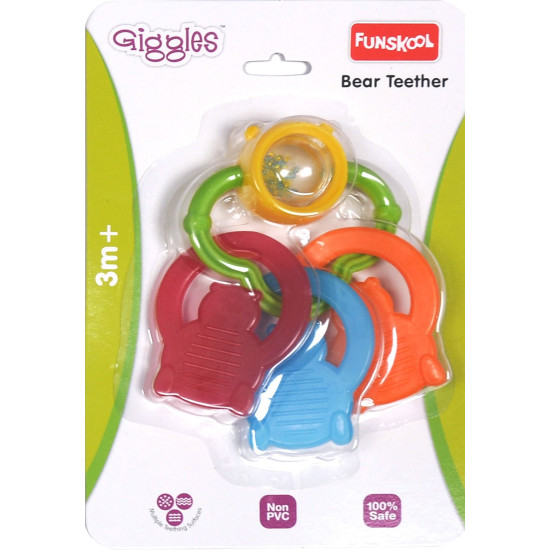 Funskool Giggles, Bear Teether, Teether for Babies to soothen their gums, Easy to Grasp and chew with rattle sounds, 3 months & above, Infant Toys