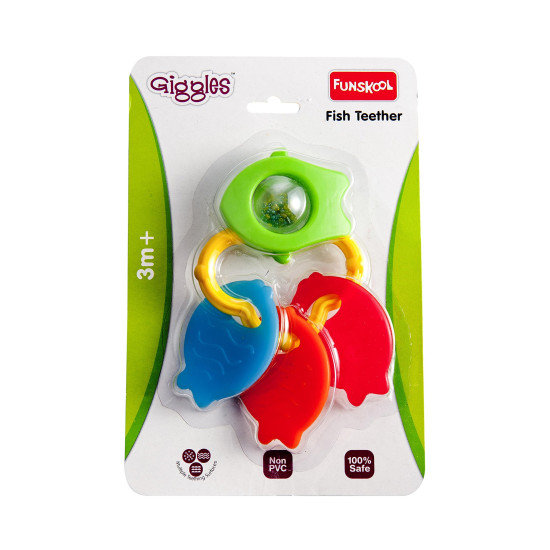 Funskool Giggles, Fish Teether, Teether for Babies to soothen their gums, Easy to Grasp and chew with rattle sounds, 3 months & above, Infant Toys