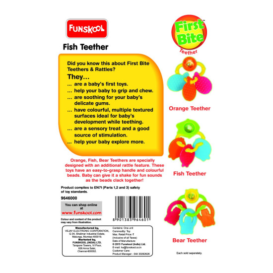 Funskool Giggles, Fish Teether, Teether for Babies to soothen their gums, Easy to Grasp and chew with rattle sounds, 3 months & above, Infant Toys