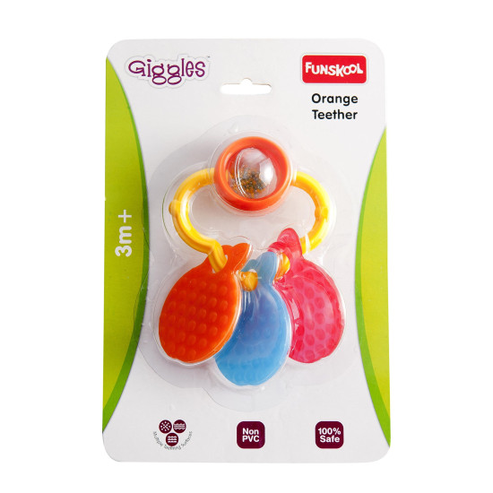 Giggles Funskool Giggles - Orange Teether, Teether for Babies to sooth their gums, Easy to Grasp and chew with rattle sounds, 3 months & above, Infant Toys