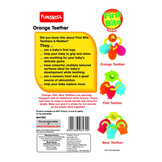 Giggles Funskool Giggles - Orange Teether, Teether for Babies to sooth their gums, Easy to Grasp and chew with rattle sounds, 3 months & above, Infant Toys