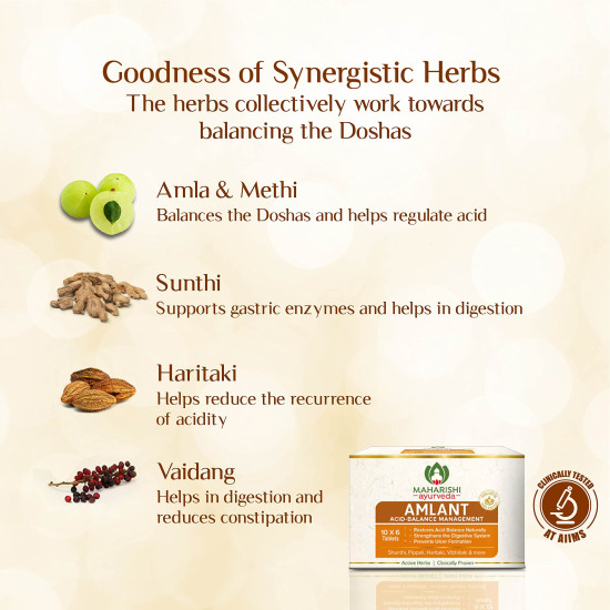 Maharishi Ayurveda Amlant For Acidity Heartburn Gas & Bloating, Strengthens Digestive System Helps in reducing Acidity Recurrence Quick Relief from Acidity Clinically Proven Enriched with Haritaki and other 14 other potent Herbs 60 Tablets Pack of 1