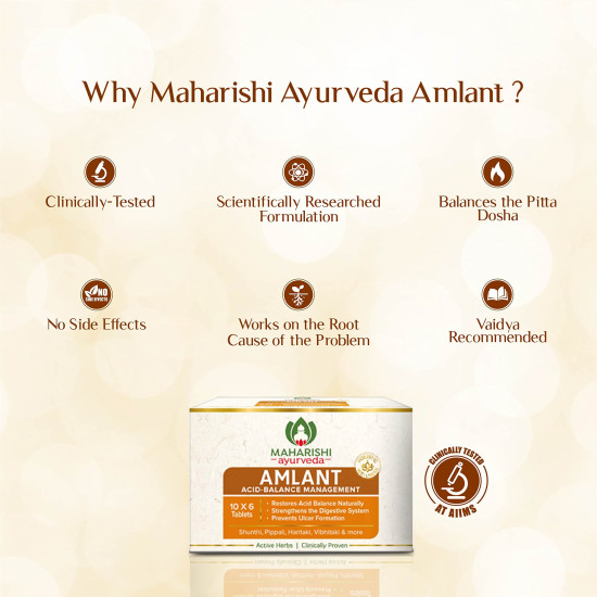 Maharishi Ayurveda Amlant For Acidity Heartburn Gas & Bloating, Strengthens Digestive System Helps in reducing Acidity Recurrence Quick Relief from Acidity Clinically Proven Enriched with Haritaki and other 14 other potent Herbs 60 Tablets Pack of 1