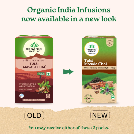 A TATA Product - Organic India Tulsi Masala Chai, 25 Tea Bags, Stress Relieving*, Refreshing And Relaxing, 100% Whole Herb Power*, Certified Organic, Unbleached Filter Paper Tea Bags