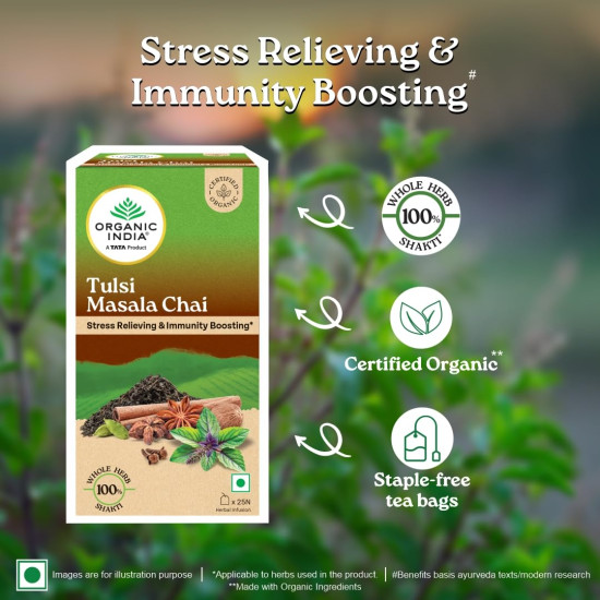 A TATA Product - Organic India Tulsi Masala Chai, 25 Tea Bags, Stress Relieving*, Refreshing And Relaxing, 100% Whole Herb Power*, Certified Organic, Unbleached Filter Paper Tea Bags