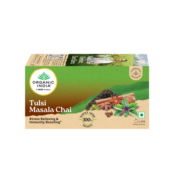 A TATA Product - Organic India Tulsi Masala Chai, 25 Tea Bags, Stress Relieving*, Refreshing And Relaxing, 100% Whole Herb Power*, Certified Organic, Unbleached Filter Paper Tea Bags