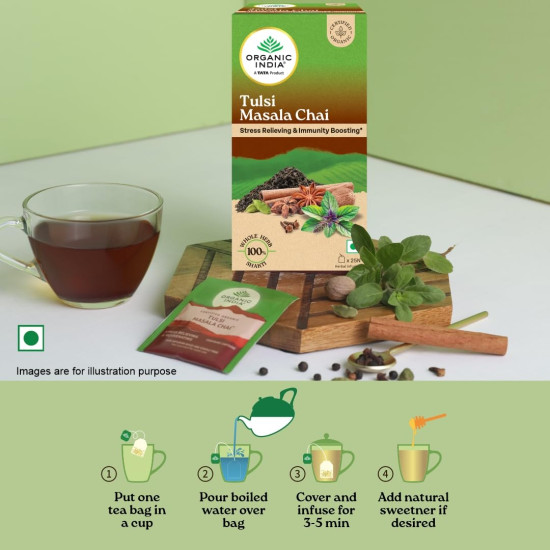 A TATA Product - Organic India Tulsi Masala Chai, 25 Tea Bags, Stress Relieving*, Refreshing And Relaxing, 100% Whole Herb Power*, Certified Organic, Unbleached Filter Paper Tea Bags