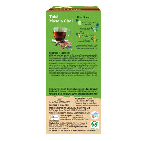 A TATA Product - Organic India Tulsi Masala Chai, 25 Tea Bags, Stress Relieving*, Refreshing And Relaxing, 100% Whole Herb Power*, Certified Organic, Unbleached Filter Paper Tea Bags