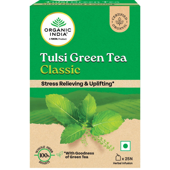 A TATA Product - Organic India Tulsi Green Tea Classic - 25 Tea Bags, Uplifts Mood, Rich in Antioxidants, Blend of Rama, Krishna & Vana Tulsi, Certified Organic