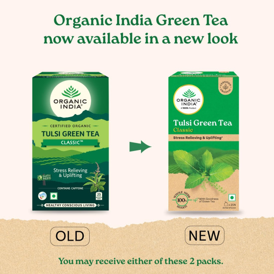 A TATA Product - Organic India Tulsi Green Tea Classic - 25 Tea Bags, Uplifts Mood, Rich in Antioxidants, Blend of Rama, Krishna & Vana Tulsi, Certified Organic