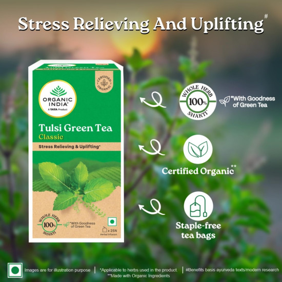 A TATA Product - Organic India Tulsi Green Tea Classic - 25 Tea Bags, Uplifts Mood, Rich in Antioxidants, Blend of Rama, Krishna & Vana Tulsi, Certified Organic