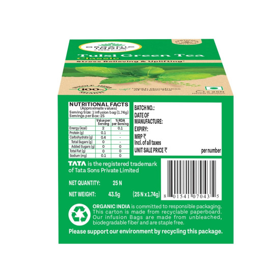 A TATA Product - Organic India Tulsi Green Tea Classic - 25 Tea Bags, Uplifts Mood, Rich in Antioxidants, Blend of Rama, Krishna & Vana Tulsi, Certified Organic