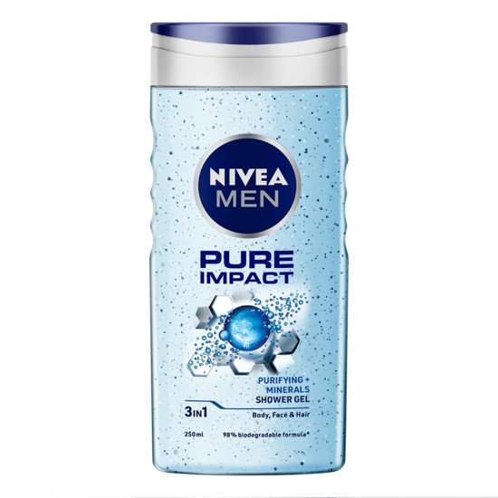 NIVEA MEN Pure Impact 250ml Body Wash| Shower Gel for Face, Body & Hair| Purifying Micro Particles for Extra Fine Scrub & Instant Summer Freshness|Clean, Healthy & Moisturized Skin