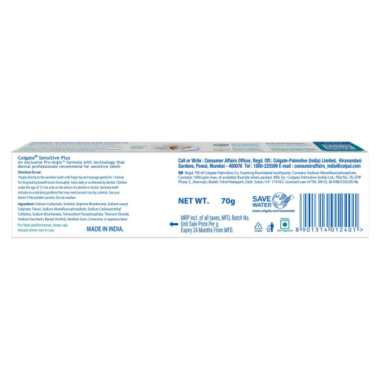 Colgate Sensitive Plus Sensitivity Relief Toothpaste, 70g, With PRO-ARGIN Technology, Clinically Proven Formula Provides INSTANT Relief From Tooth SensitivityÂ