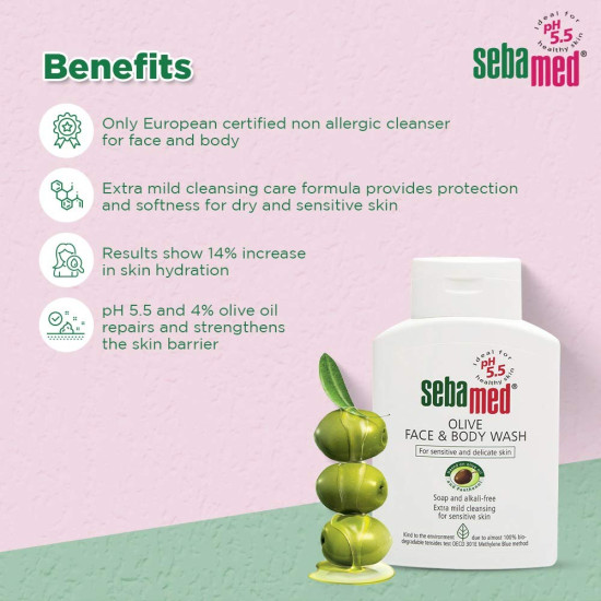 Sebamed Olive Face & Body Wash|Ph 5.5|Soap Free|For Sensitive Dry Skin|With Olive Oil And Panthenol 200Ml