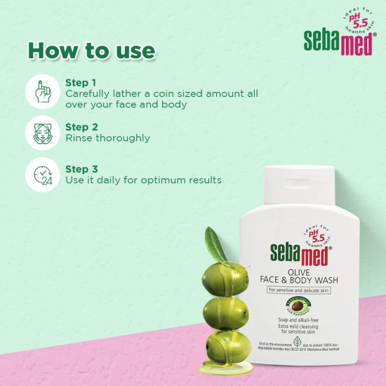 Sebamed Olive Face & Body Wash|Ph 5.5|Soap Free|For Sensitive Dry Skin|With Olive Oil And Panthenol 200Ml