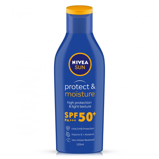 NIVEA SUN Protect and Moisture 125ml SPF 50 Sunscreen| PA+++ UVA - UVB Protection System| Vitamin E + Moisture| Very Water Resistant| For Men & Women