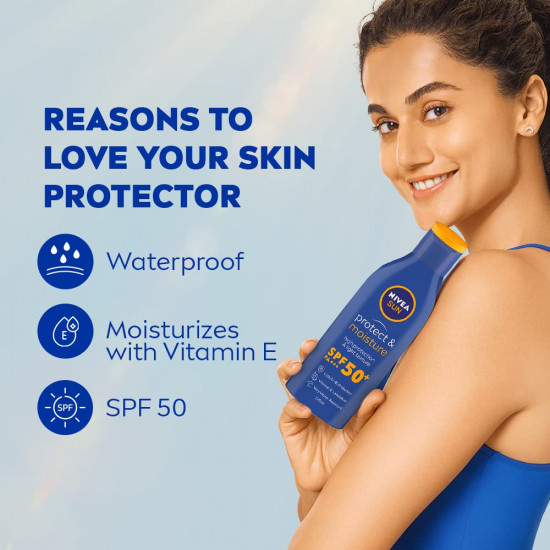 NIVEA SUN Protect and Moisture 125ml SPF 50 Sunscreen| PA+++ UVA - UVB Protection System| Vitamin E + Moisture| Very Water Resistant| For Men & Women