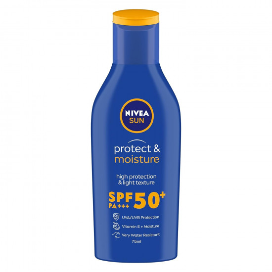 NIVEA SUN Protect and Moisture 75ml SPF 50 Sunscreen| PA+++ UVA - UVB Protection System| Vitamin E + Moisture| Very Water Resistant| For Men & Women