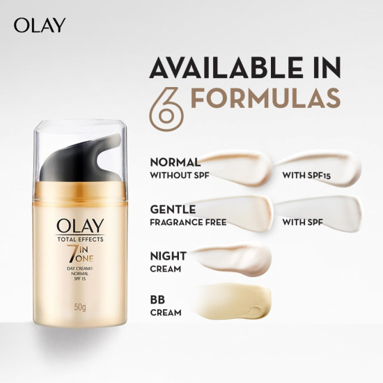Olay Total Effects Day Cream |with Vitamin B5, Niacinamide, Green Tea, SPF 15 |Fights 7 signs of ageing for glowing, hydrated and younger looking skin with UV protection |Suitable for Normal, Dry, Oily & Combination skin |50 gm