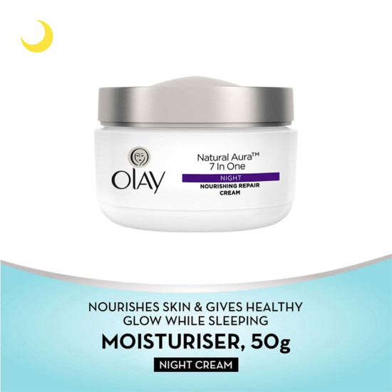 Olay Natural Aura Night Cream | Nourishes Skin for Healthy Glow | Fights 7 Signs of Ageing | With Niacinamide and Vitamin E | Normal, Oily, Dry, Combination Skin | 50g