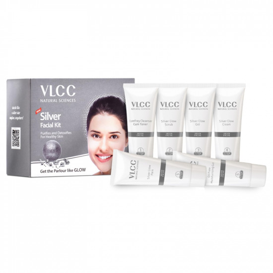 VLCC Silver Facial Kit - 60 g | Skin Purifying and Detoxing Facial. Excess Oil control. Helps balance pH & bright complexion. Silver Powder, Winter Cherry, Licorice Extract, Orange & Lemon Extract.