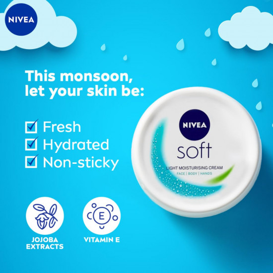 NIVEA Soft Light Moisturizer For Face, Hand & Body, Instant Hydration, Non-Greasy Cream With Vitamin E & Jojoba Oil, 200ml