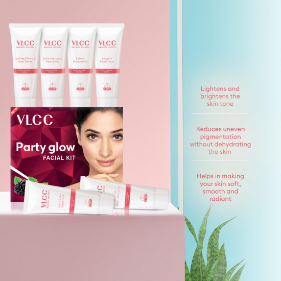 VLCC Party Glow Facial Kit - 60g | Intense Glow For Clear, Bright Skin | Special Occasion at Home Facial | With Indian Berberry, Saffron, Mulberry, and Hazlenut