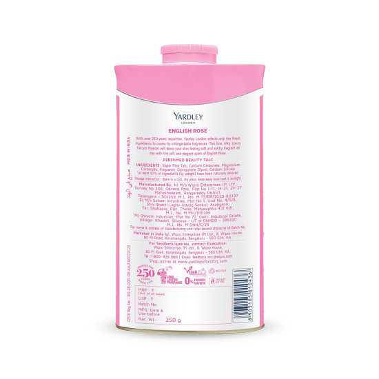 Yardley London English Rose Perfumed Talc Spray for Women with Super Fine Talc, Calcium Carbonate, Magnisum Carbonate, Fragrance, Dipropylene Glycol, Calcium Silicate, Triclosan, Pack of 1, 250g