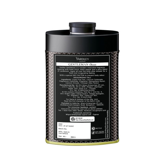 Yardley London Gentleman Classic Deodorizing Talc Spray for Men with Calcium, Carbonate, Magnisum, Carbonate, Fragrance, Dipropylene Glycol, Calcium, Silicate, Triclosan, Pack of 1, 250g