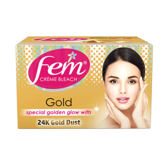 Fem Fairness (Gold) Crème Bleach - 64g | Advanced Skin Glowing System | Enriched with Goodness of 24K Gold Dust | With Rejuvenating Fragrance | No Added Parabens, Silicones & Ammonia