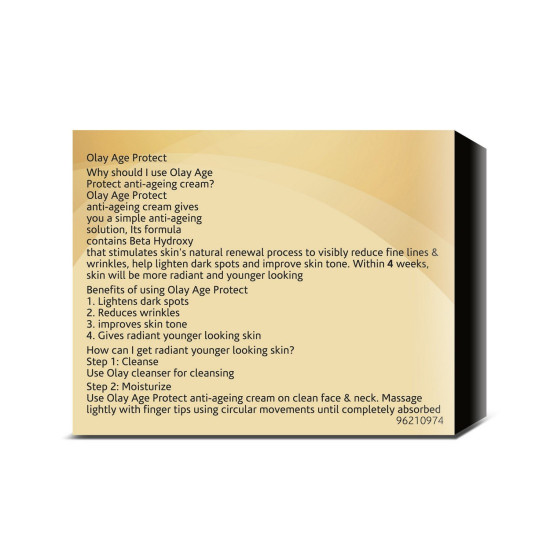 Olay Age Protect |with Salicylic Acid, Aloe Vera Extract, BHA |Stimulates skin's renewal process, gives radiant, younger looking skin |Suitable for Normal, Dry, Oily & Combination skin |40 gm