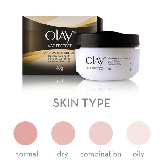 Olay Age Protect |with Salicylic Acid, Aloe Vera Extract, BHA |Stimulates skin's renewal process, gives radiant, younger looking skin |Suitable for Normal, Dry, Oily & Combination skin |40 gm