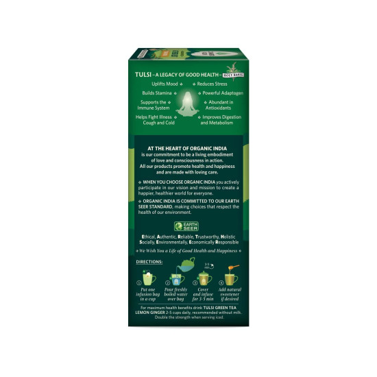 Organic India Tulsi Green Tea, Lemon Ginger - 18 Tea Bags