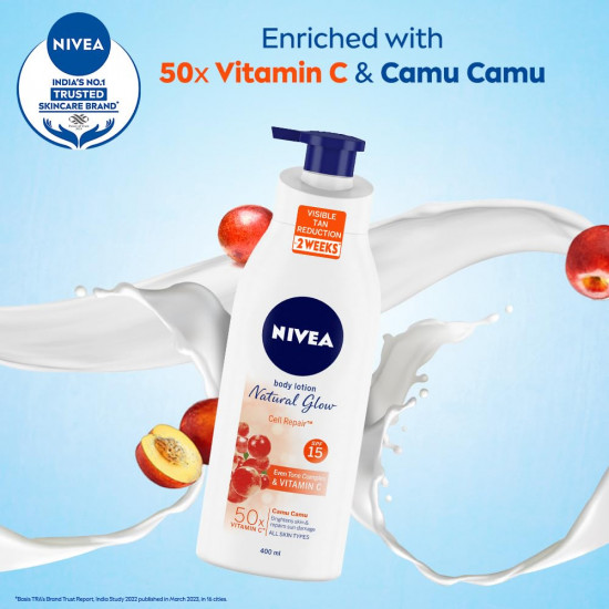 NIVEA Natural Glow Cell Repair 200ml Body Lotion | SPF 15 & 50 X Vitamin C for Summer Protection |With Camu Camu & Acerola Cherry Extracts | Gives Even Toned & Smooth Skin |For All Skin Types