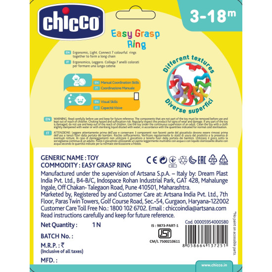 Chicco Easy Grasp Rings| Rattle for Babies, Infants & Toddlers of 3 to 18 months| 6 Detachable Colorful Rings for Sensory Play |Paint-free