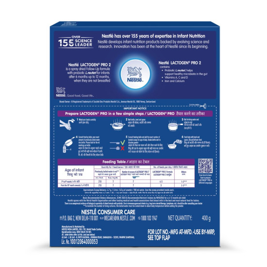 Lactogen Pro 2 Powder, Follow-Up Formula With Probiotic, Infant, After 6 Months Up To 12 Months, Bag-In-Box Pack, 400G