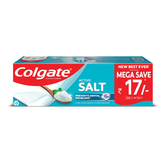 Colgate Active Salt 300g (200g + 100g , Pack of 2) Toothpaste, Daily Germ Protection, Toothpaste with Salt and Mint, Healthy Gums & Teeth, Toothpaste that Fights Germs & Eliminates Bad Breath