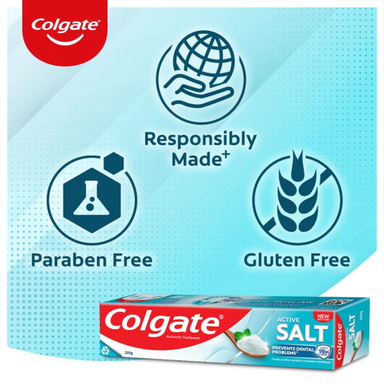 Colgate Active Salt 300g (200g + 100g , Pack of 2) Toothpaste, Daily Germ Protection, Toothpaste with Salt and Mint, Healthy Gums & Teeth, Toothpaste that Fights Germs & Eliminates Bad Breath