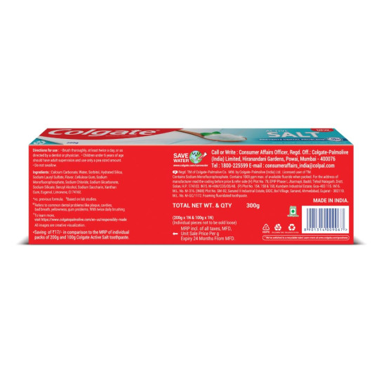 Colgate Active Salt 300g (200g + 100g , Pack of 2) Toothpaste, Daily Germ Protection, Toothpaste with Salt and Mint, Healthy Gums & Teeth, Toothpaste that Fights Germs & Eliminates Bad Breath