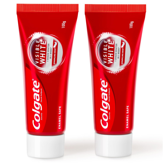 Colgate Visible White Toothpaste 200g (100g x Pack of 2) Teeth Whitening Starts in 1 week, Safe on Enamel, Stain Removal and Minty Flavour for Fresh Breath